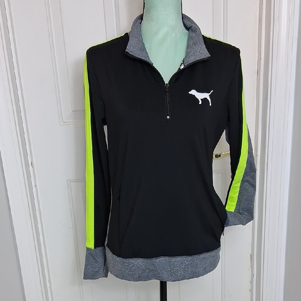 Victoria's Secret Black Pullover with Neon Yellow Stripes
